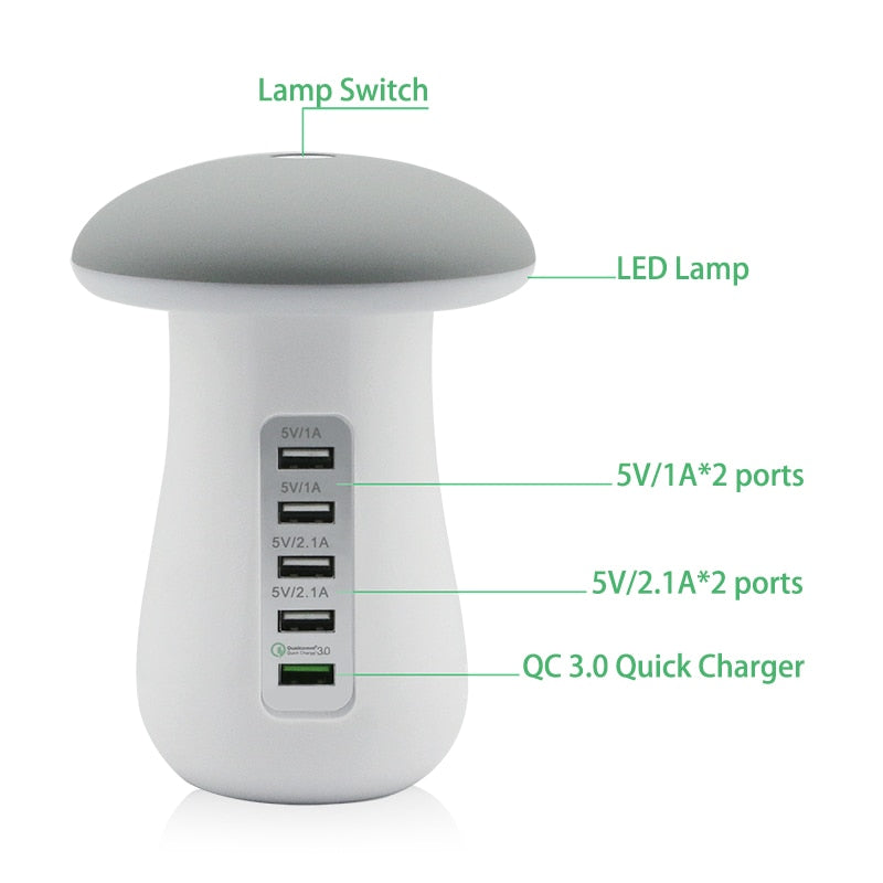 Mushroom Night Lamp Multi-Port USB Charger