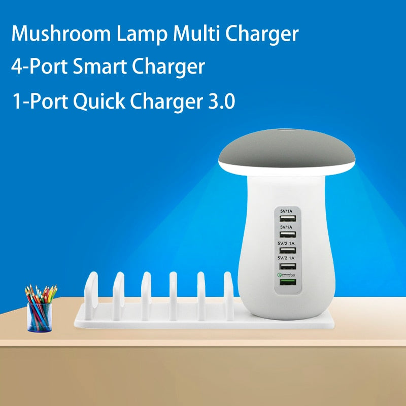 Mushroom Night Lamp Multi-Port USB Charger