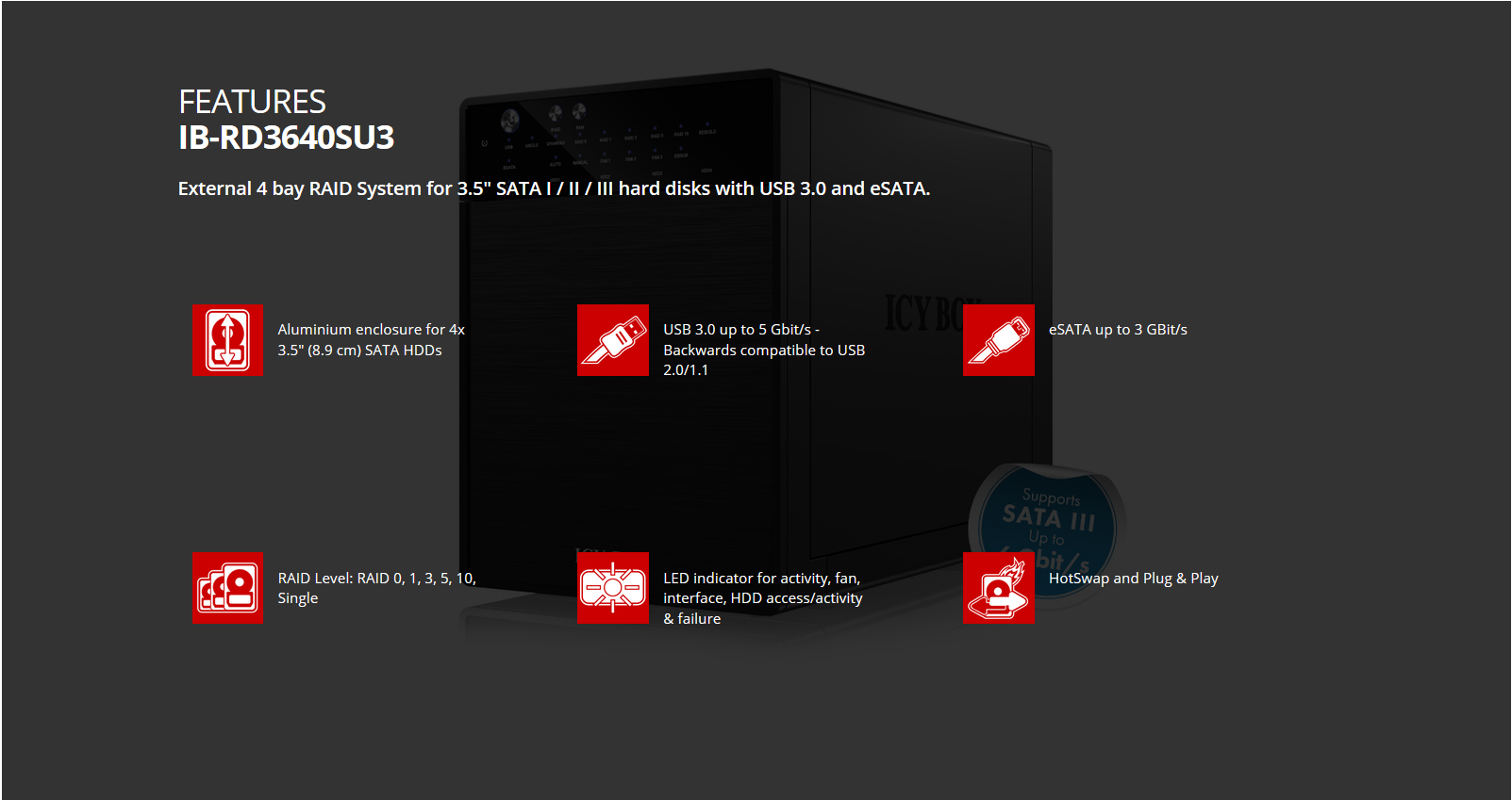 NNEDSZ 4 bay RAID System for 3.5 SATA I / II / III hard disks with USB 3.0 and eSATA (IB-RD3640SU3)