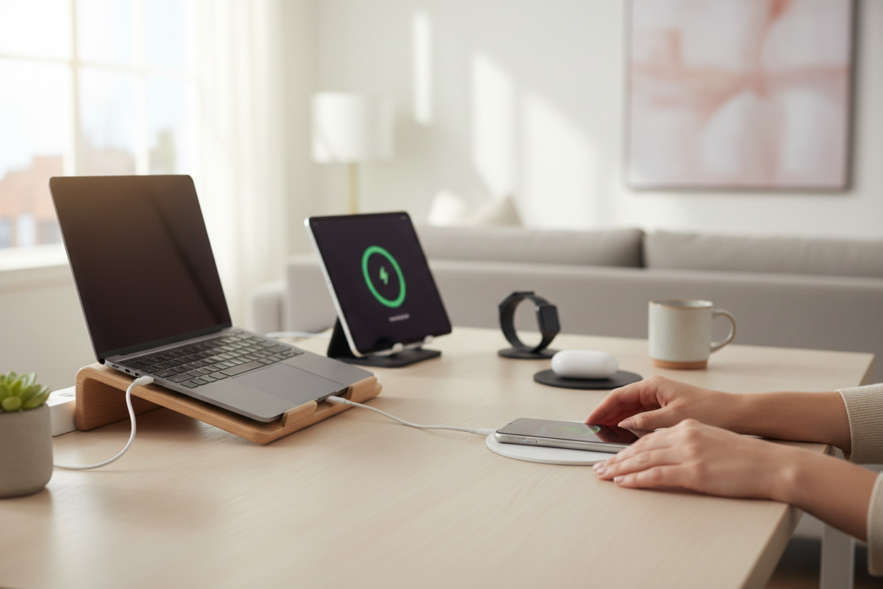 Person charging multiple devices with wireless charging station - effortless power solutions for smartphones, tablets, and smartwatches