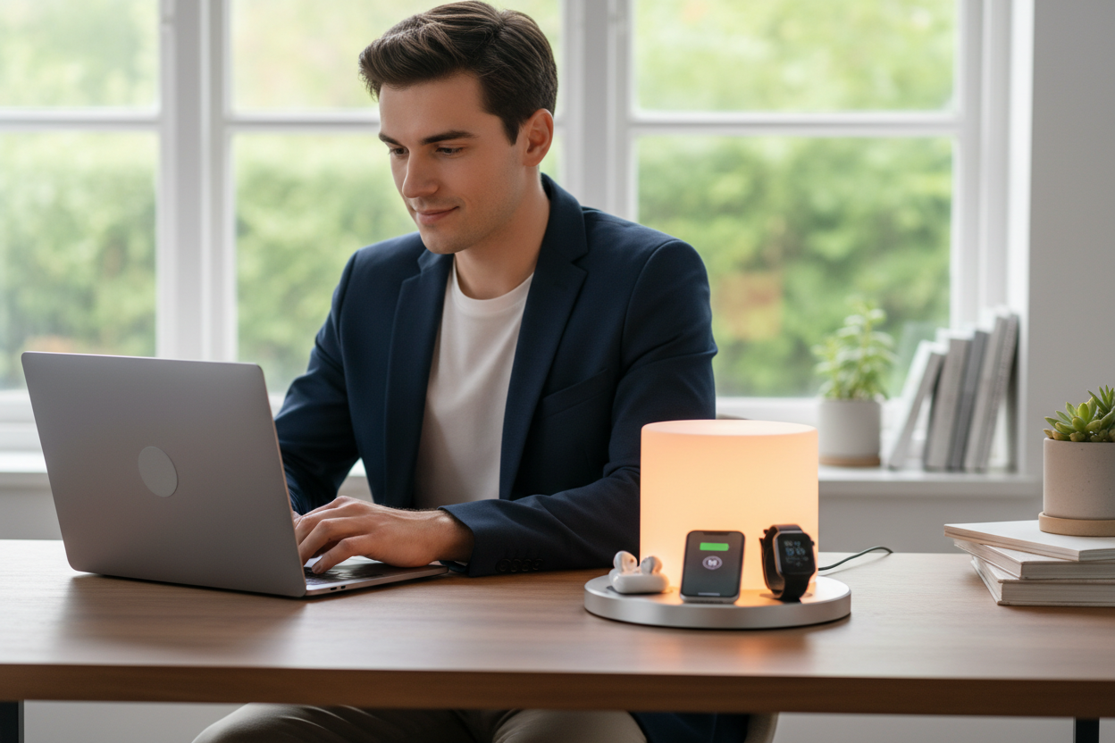 Professional using 3-in-1 wireless charging station with night light - innovative charging solution for all devices