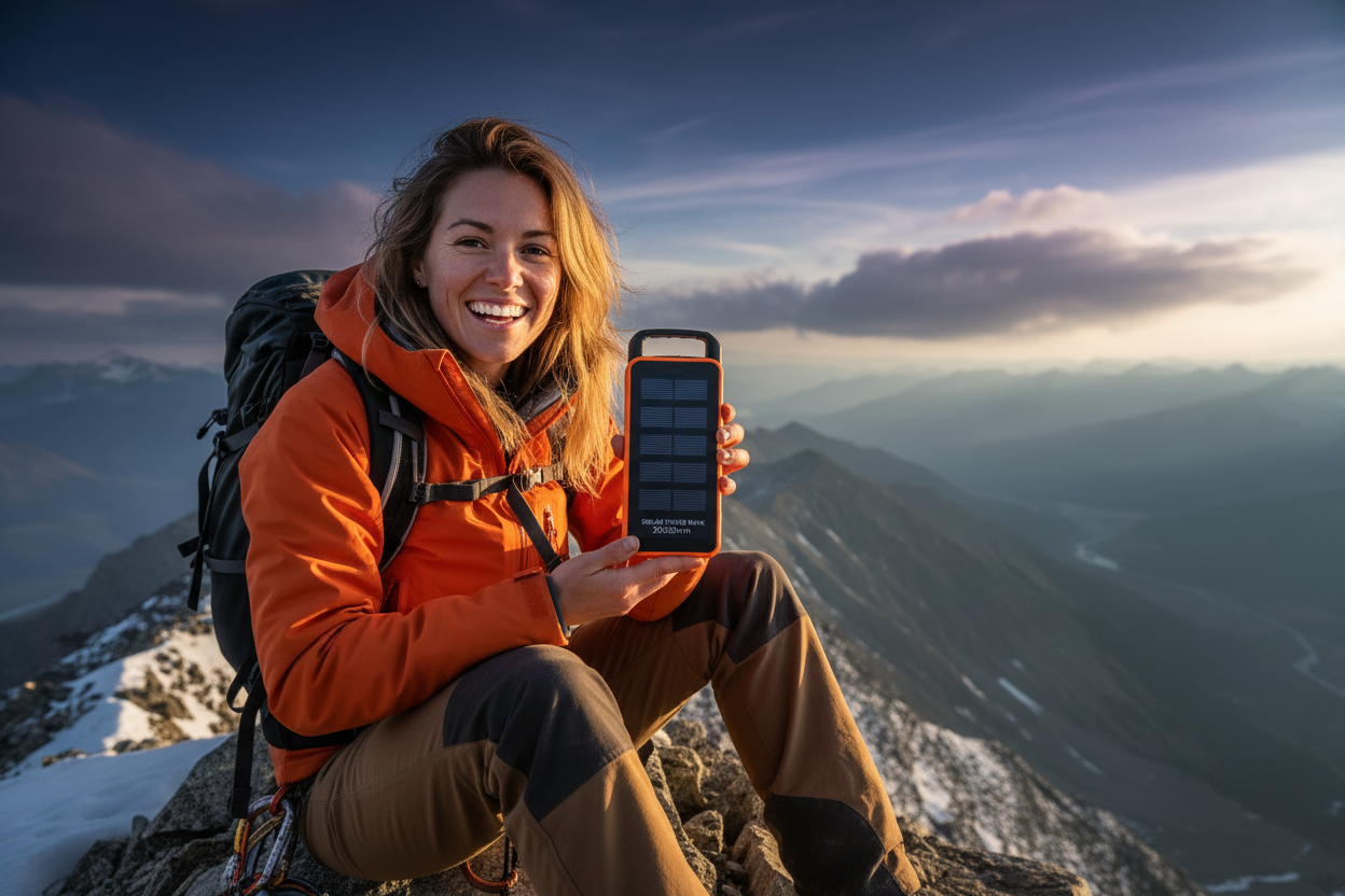 Woman sitting on mountain with Solar Power Bank close-up